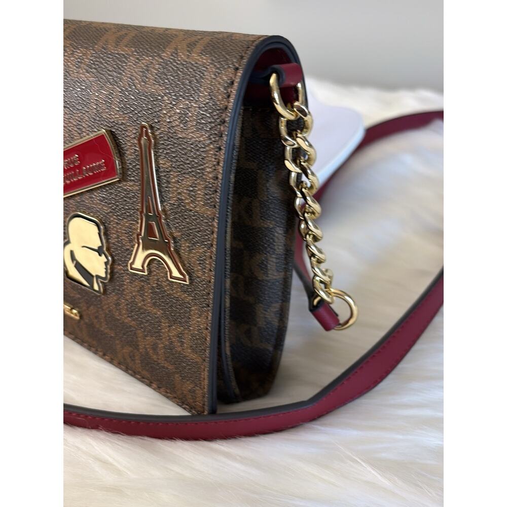 Karl Lagerfeld Brown Monogram Crossbody with Red Strap and Gold Hardware - Picture 3 of 12